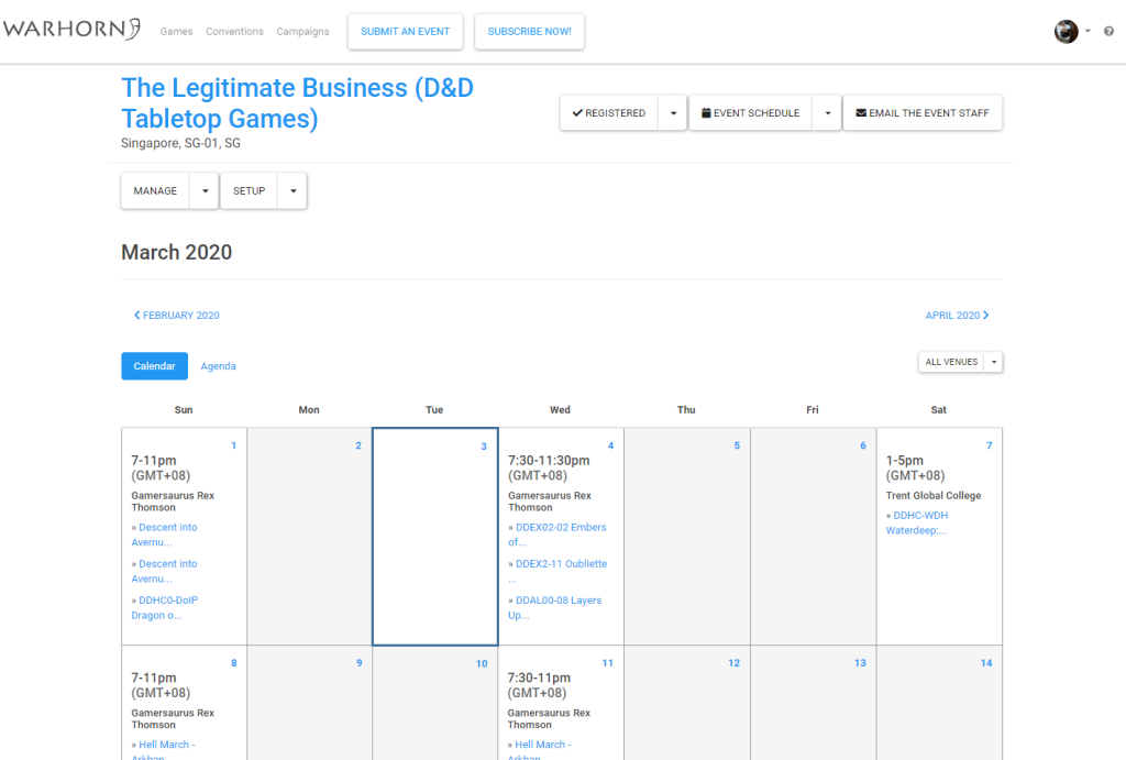 The Legitimate Business' Calendar of Games